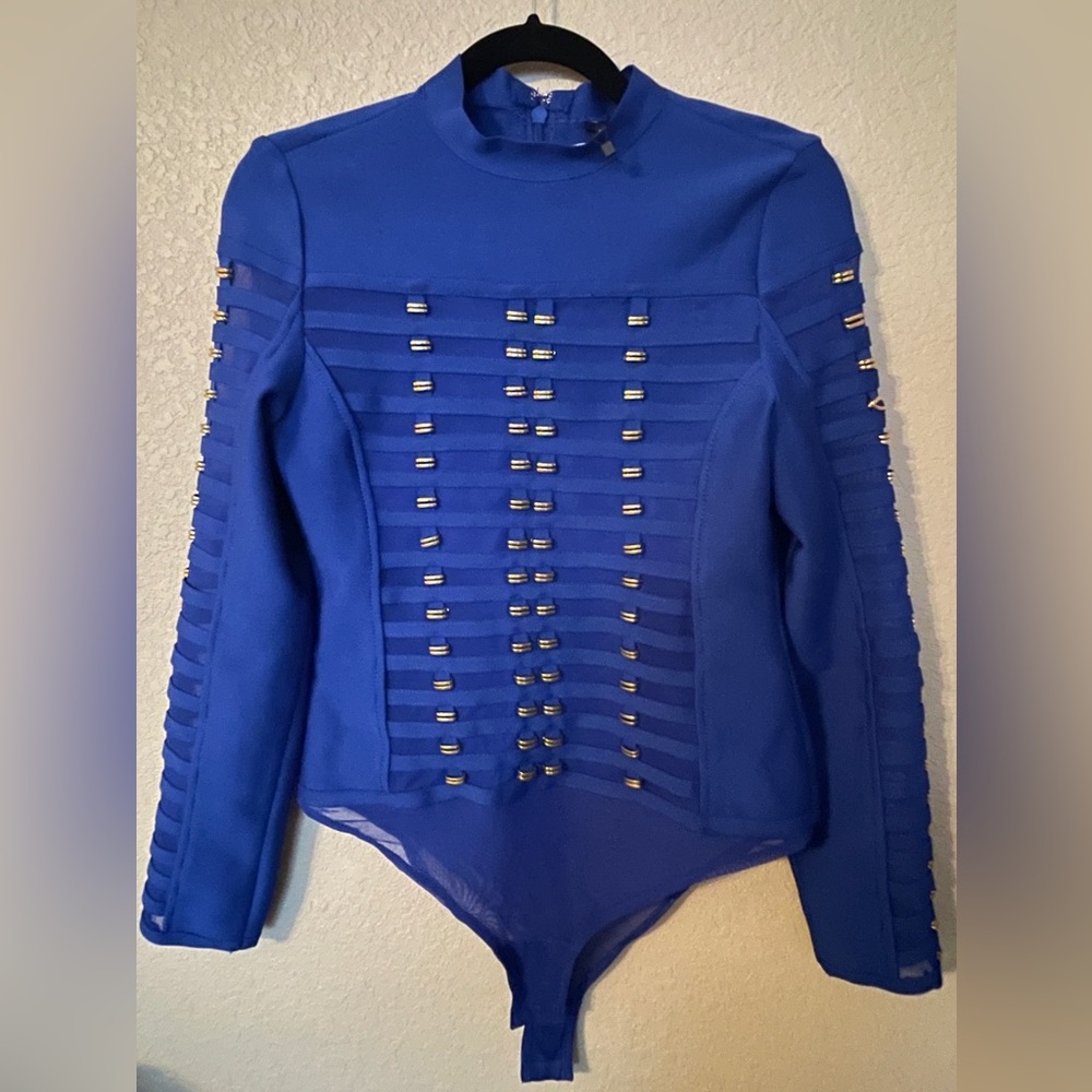 Karen Millen All Over Trimmed Bandage and Mesh Body Suit Cobalt